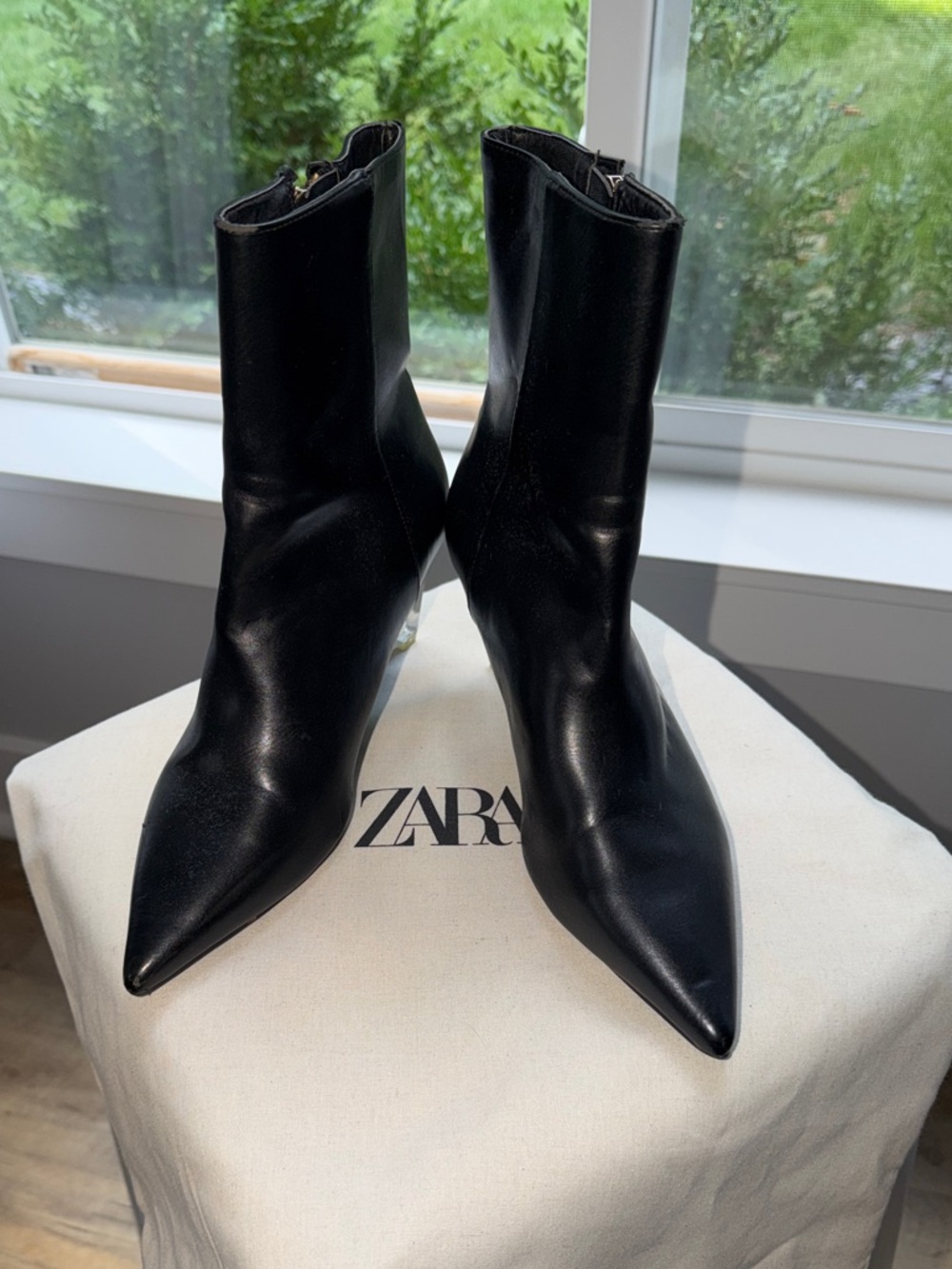 Zara Black Pointed Toe Faux Leather Mid-Calf Heeled Boots-Size 7/37